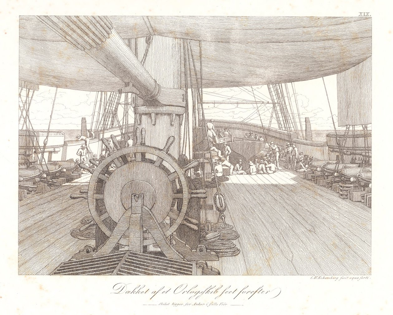 Cubierta de un barco de guerra, vista hacia adelante de Christoffer Wilhelm Eckersberg