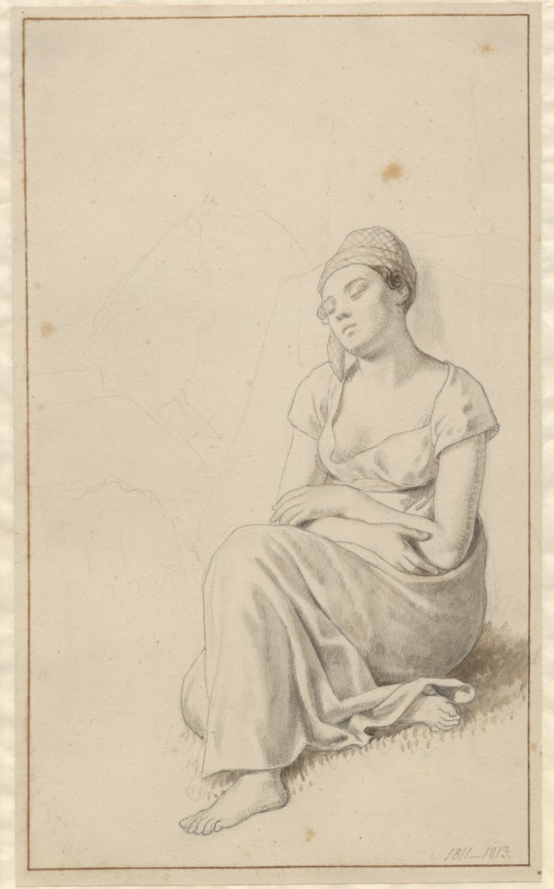 Una mujer sentada apoyada en un bloque de piedra y durmiendo de Christoffer Wilhelm Eckersberg