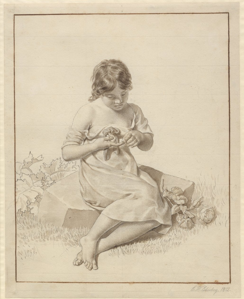Una niña pequeña que se ha pinchado el dedo con una espina de rosa de Christoffer Wilhelm Eckersberg