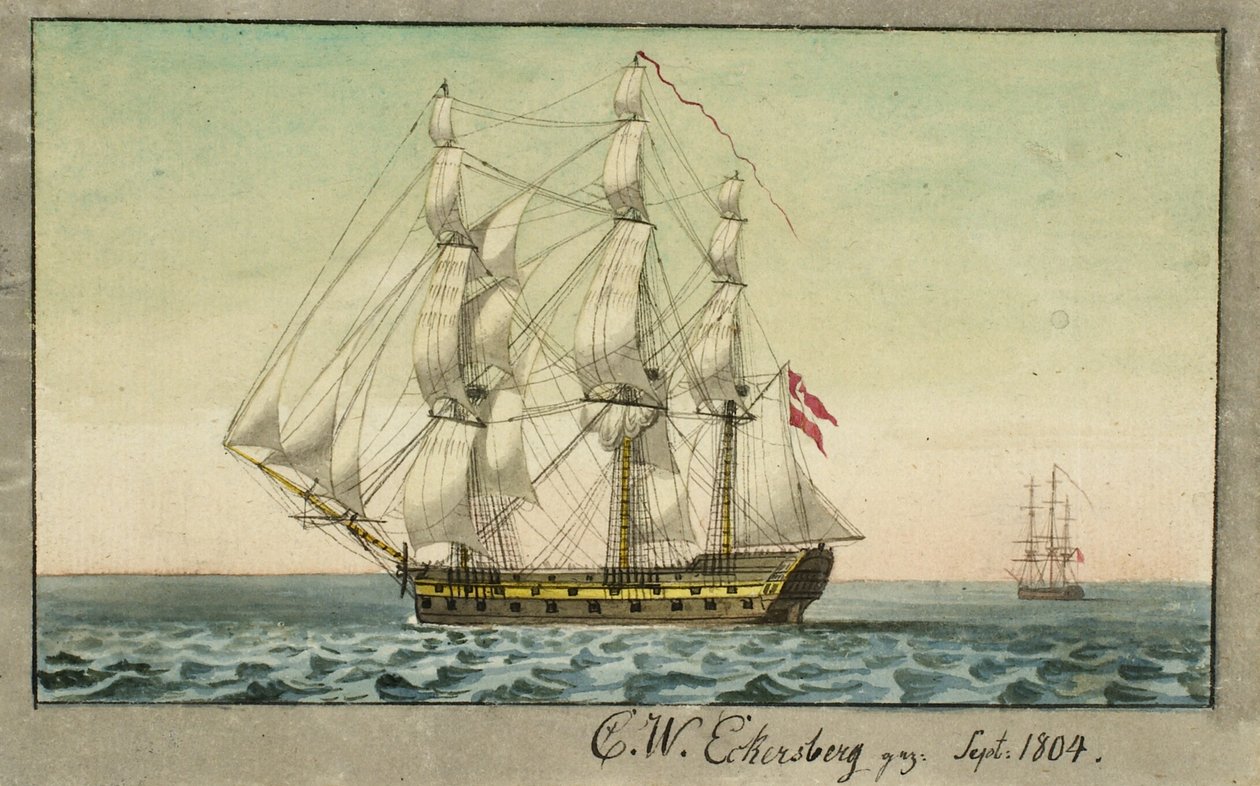 Un barco de guerra danés a vela, visto desde el lado de sotavento de Christoffer Wilhelm Eckersberg