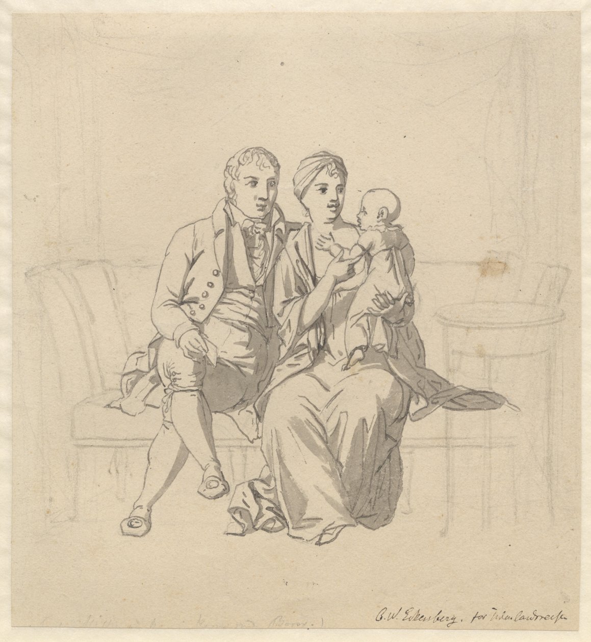 Una joven pareja sentada en un sofá, ella con un niño en brazos de Christoffer Wilhelm Eckersberg