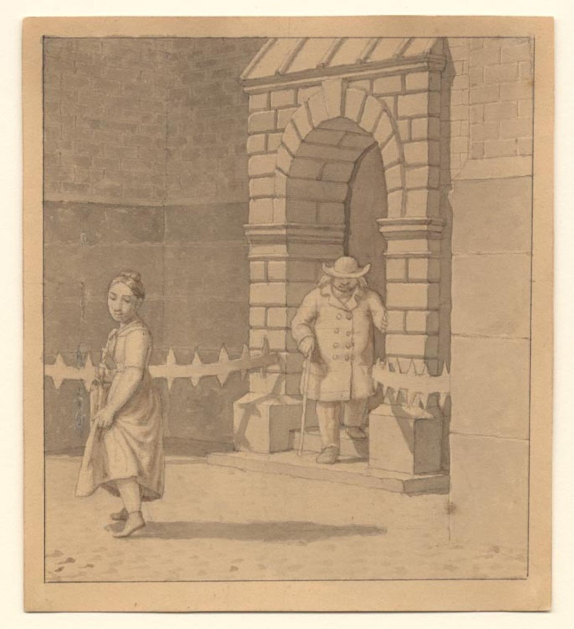 Escena Callejera con una Joven Levantando un Poco su Falda; en el Fondo un Hombre Mayor con un Bastón de Christoffer Wilhelm Eckersberg