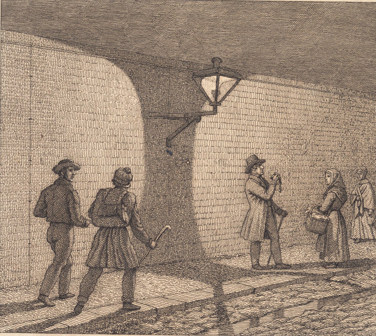 Escena callejera a la luz de una linterna. Ilustración para "Linearperspectiven", Tabla VIII de Christoffer Wilhelm Eckersberg