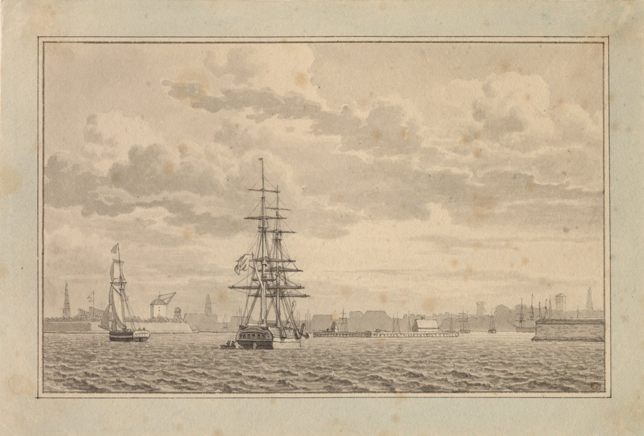 Copenhague vista desde el puerto exterior con un bergantín anclado y un balandro navegando de Christoffer Wilhelm Eckersberg