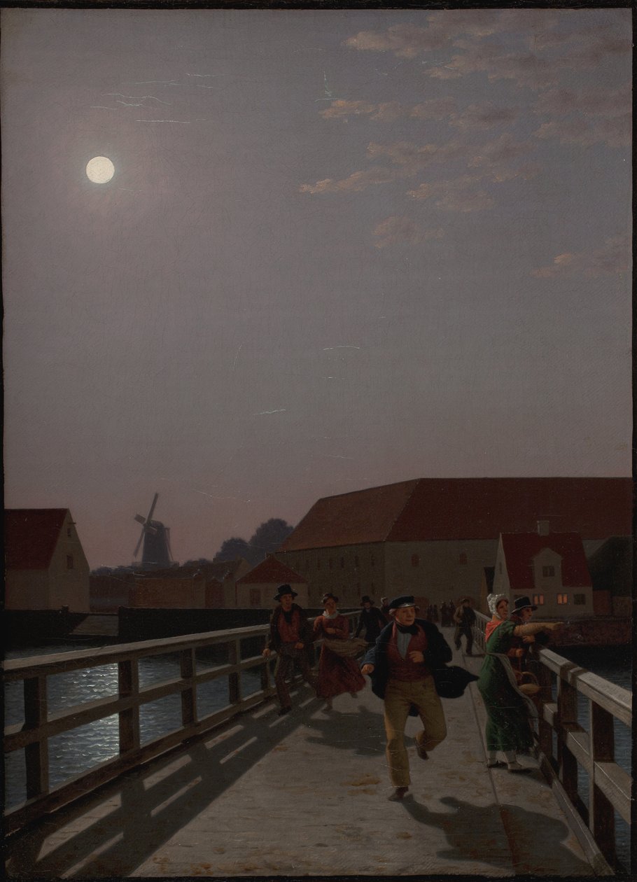 Langebro, Copenhague, a la luz de la luna con figuras corriendo de Christoffer Wilhelm Eckersberg