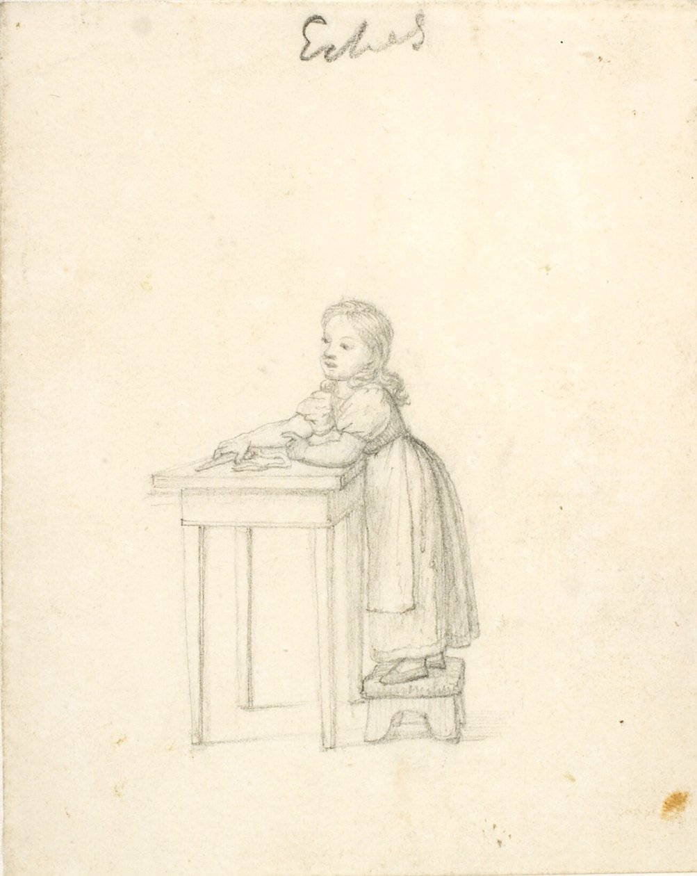 Niña pequeña de pie en un taburete junto a una mesa de Christoffer Wilhelm Eckersberg