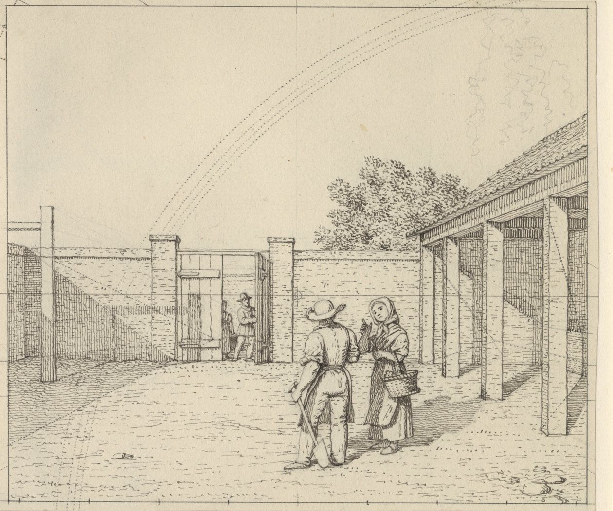 Perspectiva lineal aplicada a la pintura - Borrador de versión no utilizada de la Tabla V,2 - El arco iris sobre el patio. de Christoffer Wilhelm Eckersberg