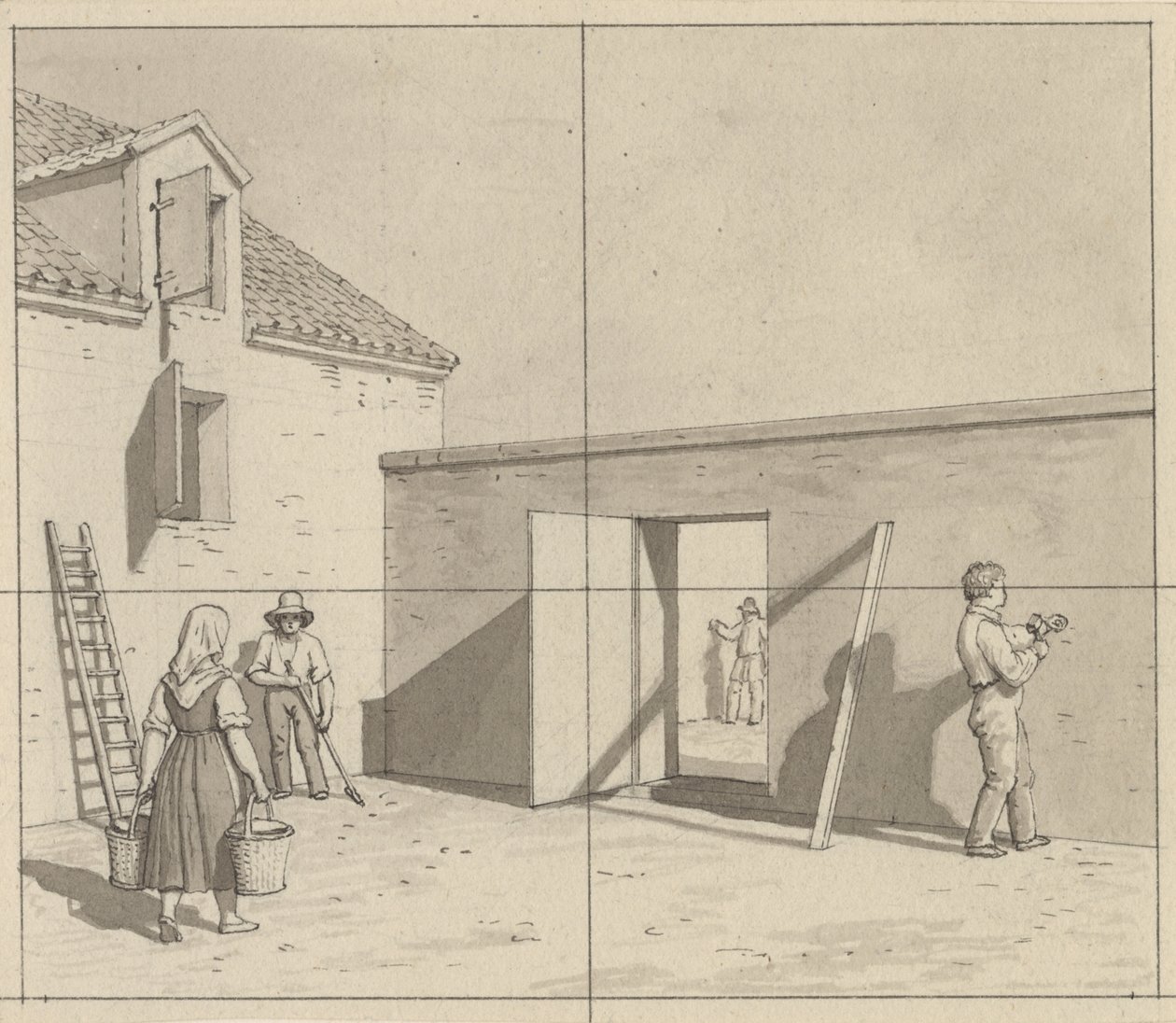 Perspectiva lineal aplicada al arte de la pintura - boceto para ilustración no utilizada - Patio danés con cuatro campesinos y artesanos de Christoffer Wilhelm Eckersberg