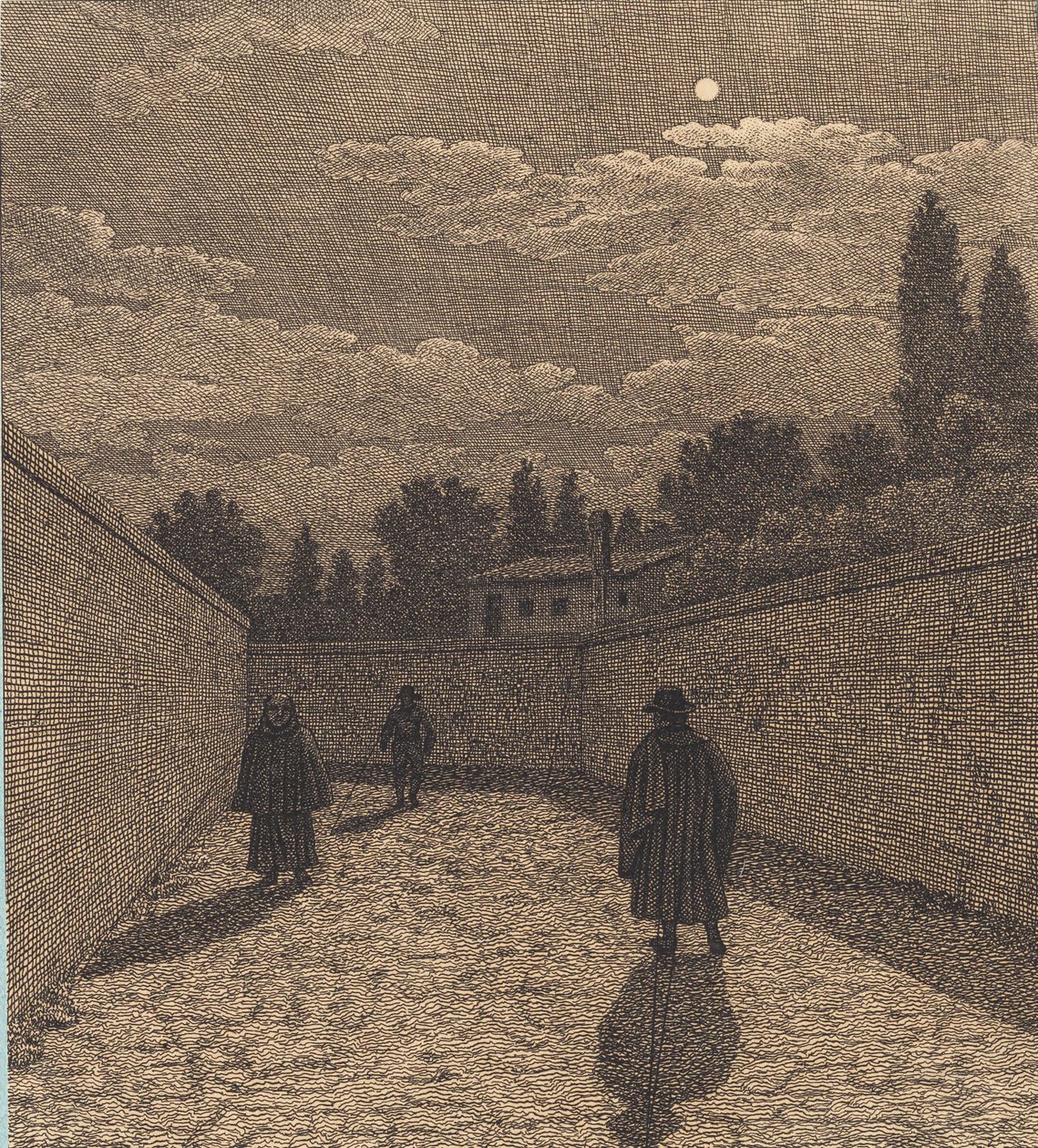 Luz de luna sobre un camino con tres figuras. Ilustración de "Linearperspectiven", Tabla IV de Christoffer Wilhelm Eckersberg