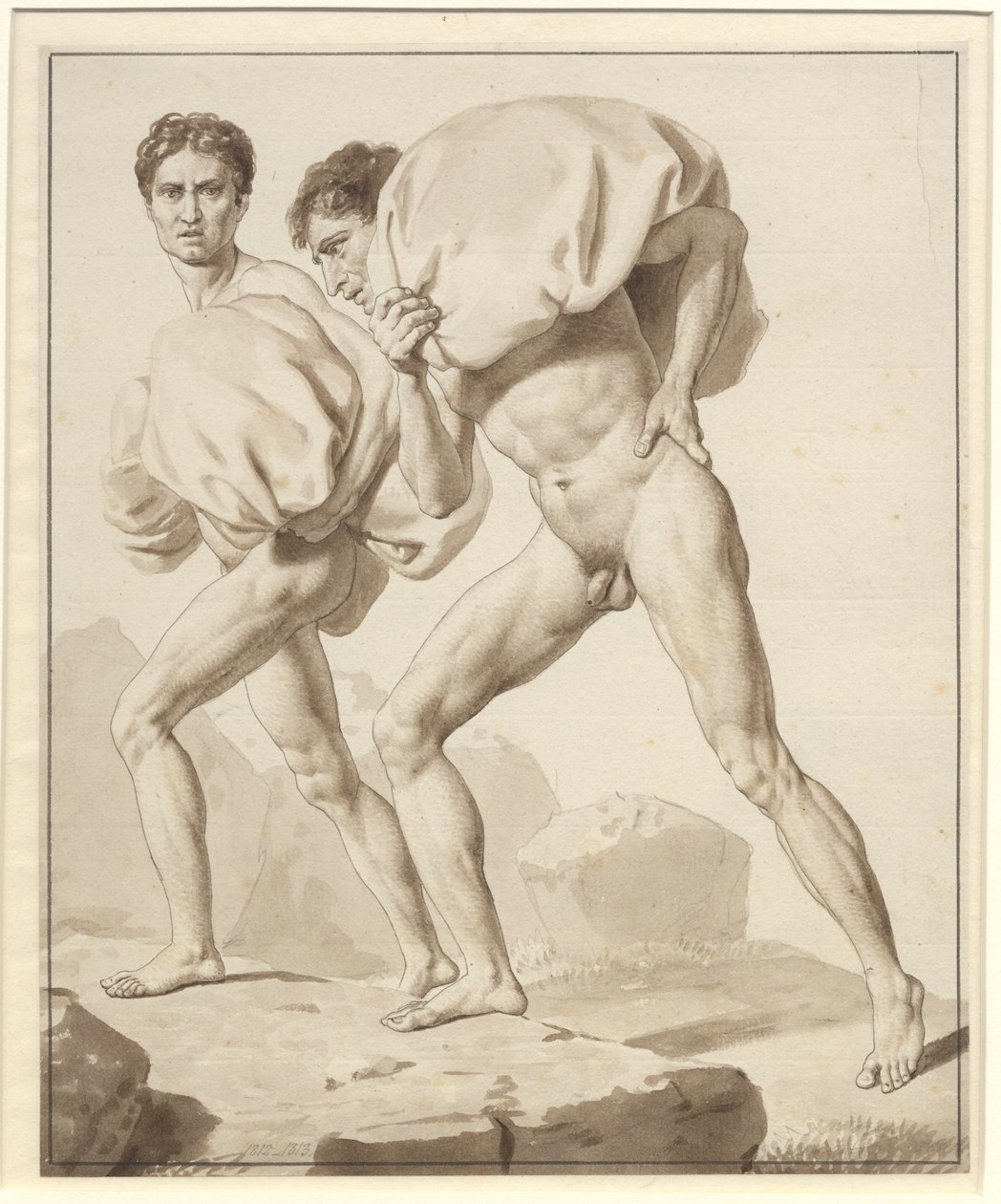 Moisés divide las aguas y el ejército del faraón es tragado - Estudio para dos israelitas caminando, cargados con equipaje de Christoffer Wilhelm Eckersberg