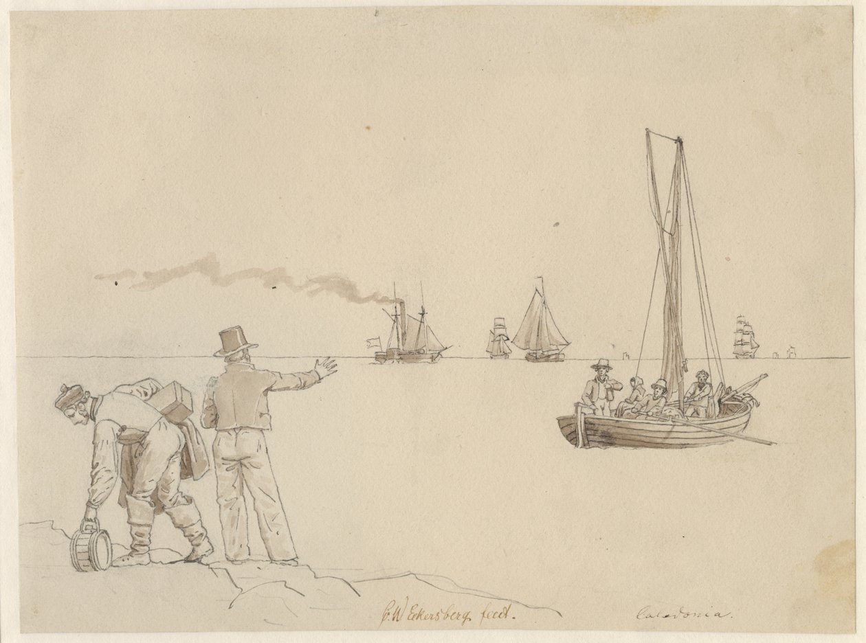 Pasajeros desembarcando en el barco de vapor Caledonia de Christoffer Wilhelm Eckersberg