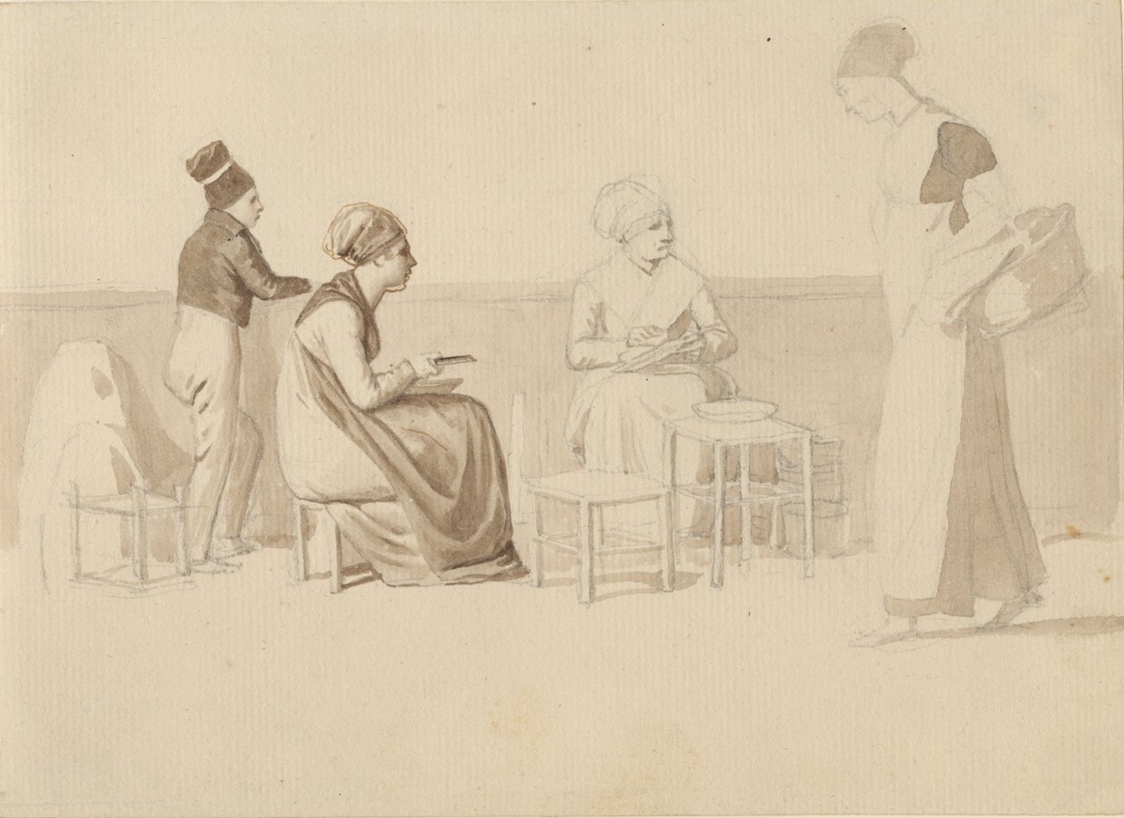 Escena de un Patio o Muelle en París. Cuatro Figuras Sentadas, de Pie y Caminando. de Christoffer Wilhelm Eckersberg