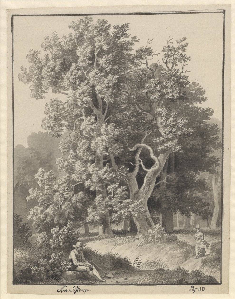 Paisaje forestal en Svendstrup con un par de figuras, al frente un hombre sentado con una pala de Christoffer Wilhelm Eckersberg