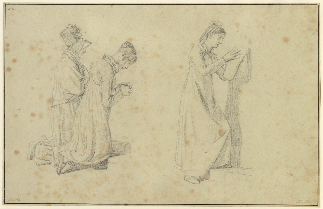 Estudio de una figura femenina de pie y dos arrodilladas de Christoffer Wilhelm Eckersberg