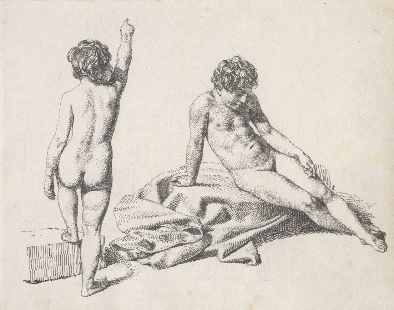 Dos niñas desnudas, una sentada vista de frente, la otra de pie vista desde atrás de Christoffer Wilhelm Eckersberg