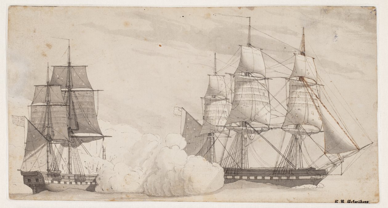 Dos barcos de guerra en combate (la fragata inglesa Shannon y la fragata americana Chesapeake?) de Christoffer Wilhelm Eckersberg