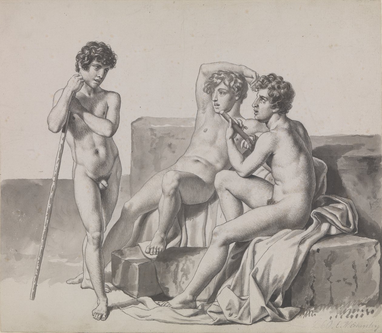 Tres jóvenes desnudos de pie o sentados entre bloques de piedra de Christoffer Wilhelm Eckersberg