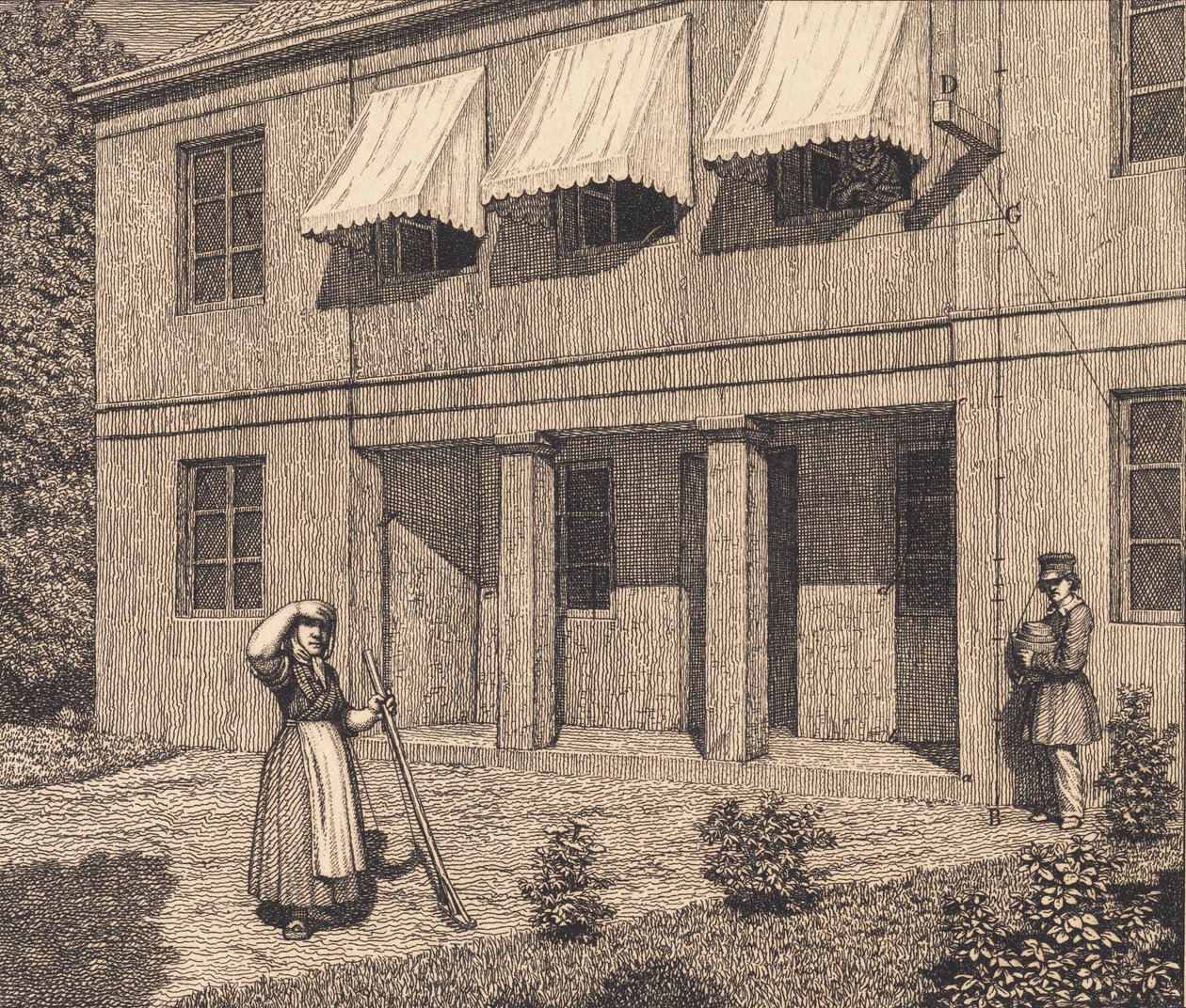 Fuera de una villa. Ilustración para "Linearperspectiven", Tabla V de Christoffer Wilhelm Eckersberg