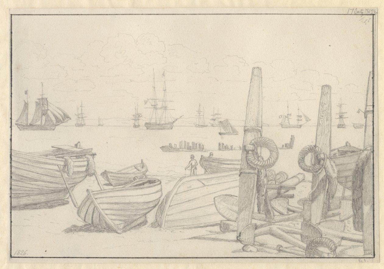 Vista desde la playa al sur de Helsingør hacia el barco de vigilancia, la fragata "Falster" de Christoffer Wilhelm Eckersberg