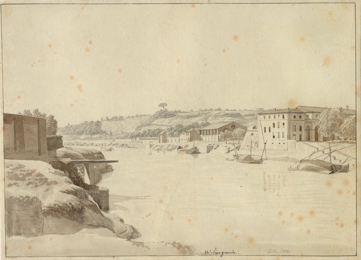 Vista sobre el Tíber hacia Porto di Ripa Grande y Porta Portese vista desde la orilla debajo de Monte Aventino, Roma de Christoffer Wilhelm Eckersberg