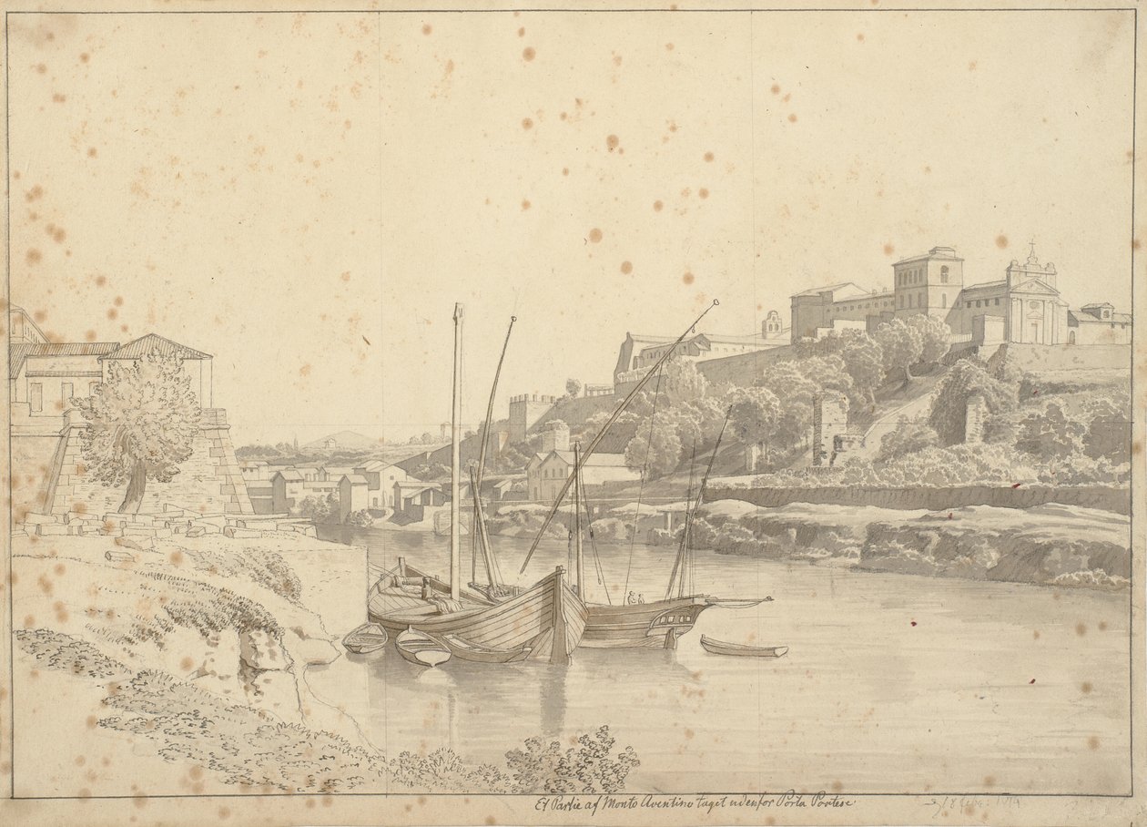 Vista del Tíber en Porto di Ripa Grande fuera de Porta Portese hacia Marmorata y las iglesias en Monte Aventino, Roma de Christoffer Wilhelm Eckersberg