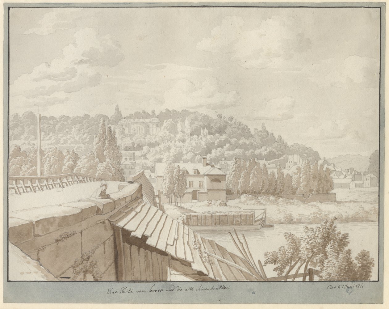 Vista desde Sèvres del antiguo puente del Sena con el parque en Saint Cloud al fondo de Christoffer Wilhelm Eckersberg
