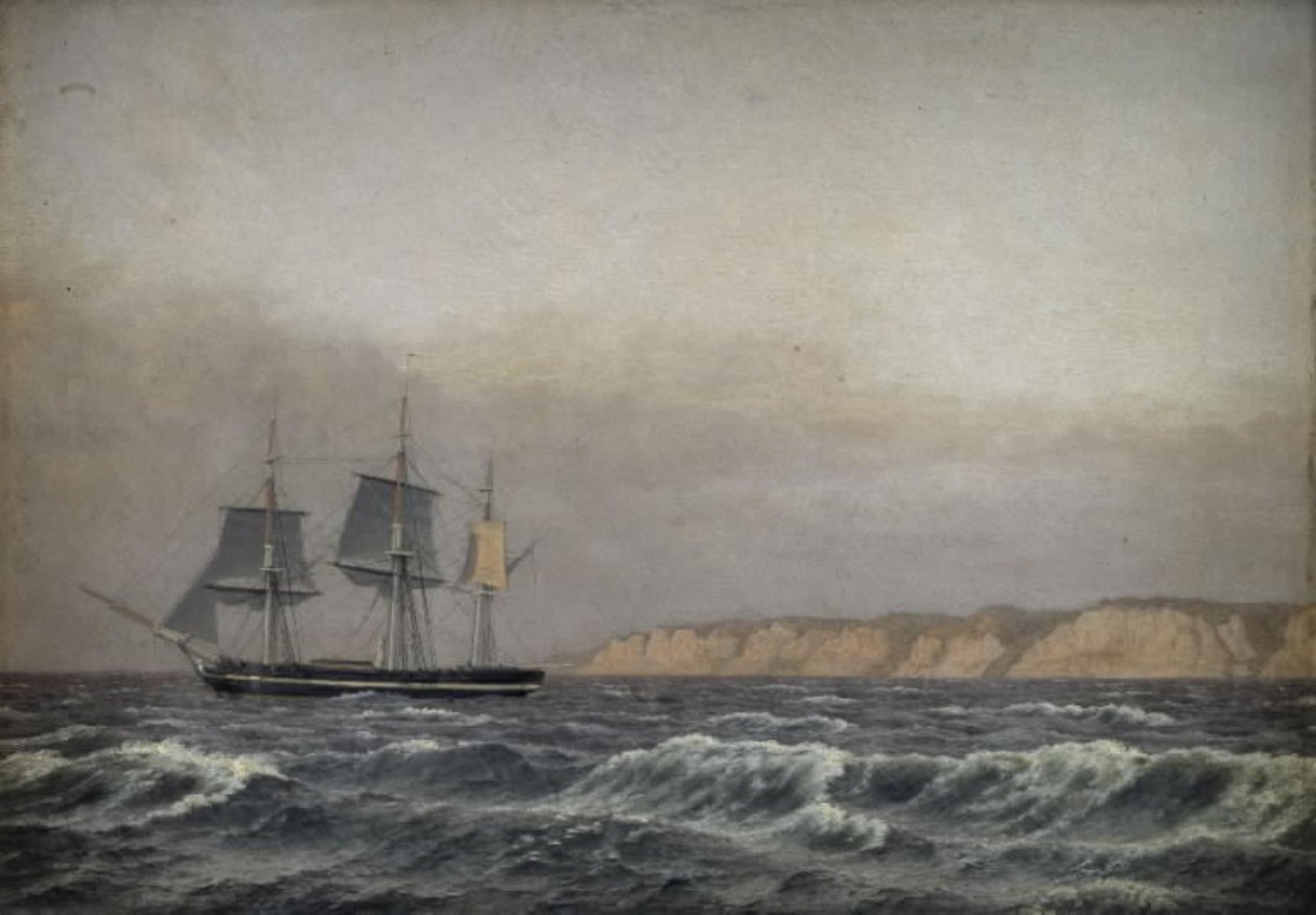 Vista de los acantilados de Møn y una corbeta de Christoffer Wilhelm Eckersberg