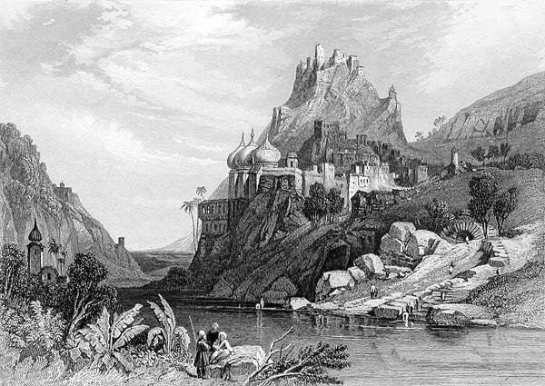 Ruinas en Ettaia, supuestamente causadas por un combate entre Krishna y Kali, grabado por E. Finden, de 