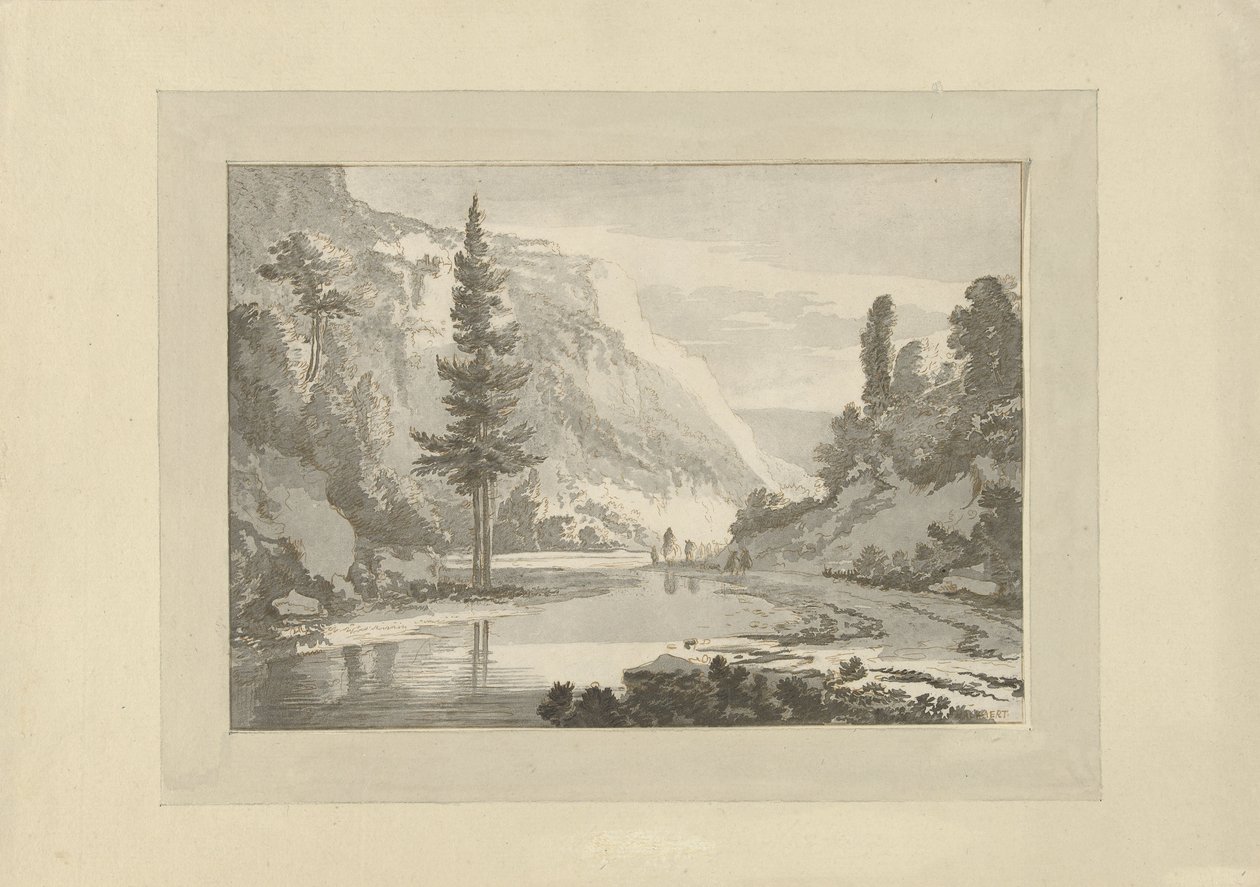 Paisaje de montaña con pastores en la orilla de un río de C. Brouwer