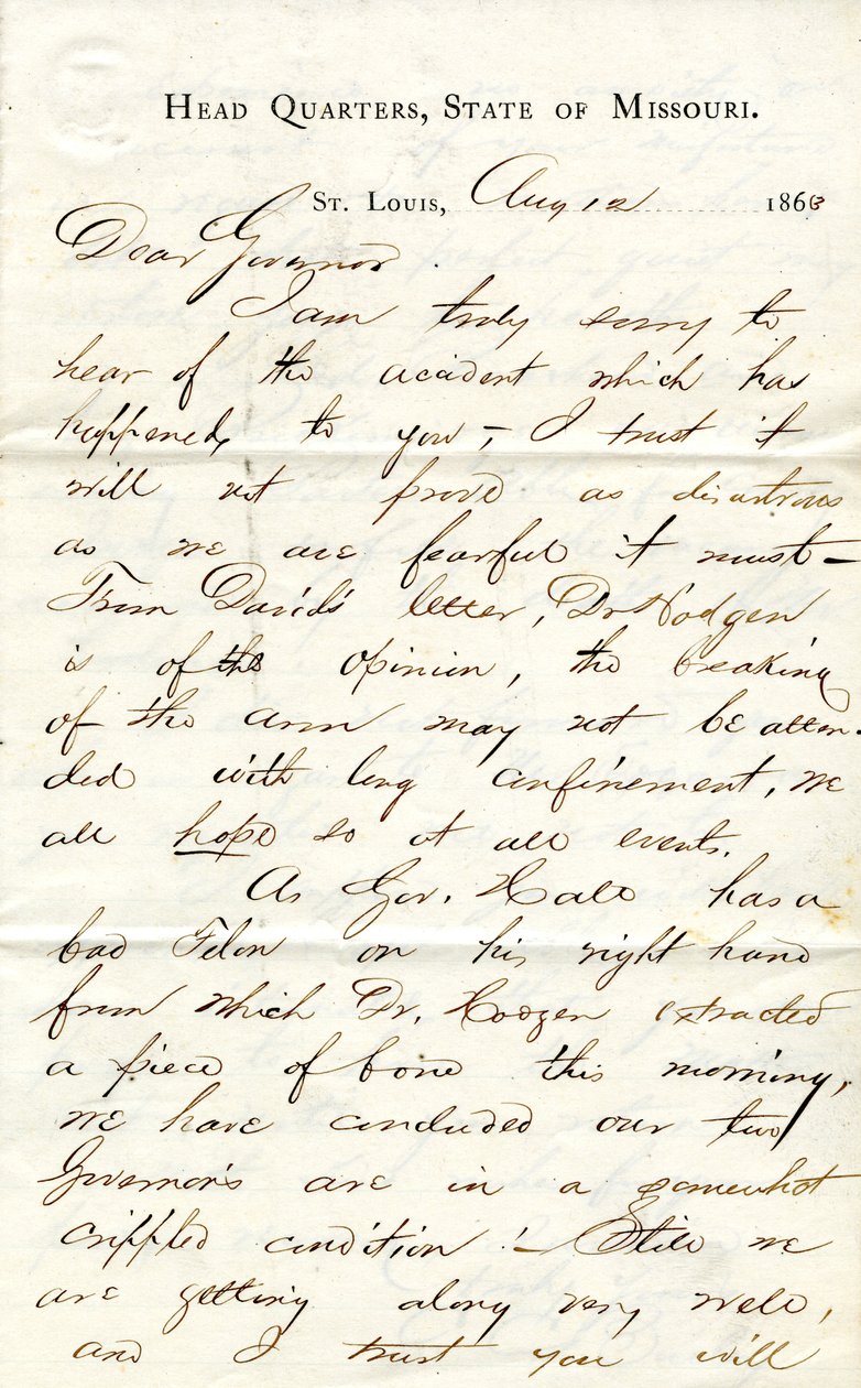 Carta firmada por C.C. Bailey, Cuartel General, Estado de Missouri, St. Louis, al Gobernador [Hamilton R. Gamble], 12 de agosto de 1863 de C. C. Bailey