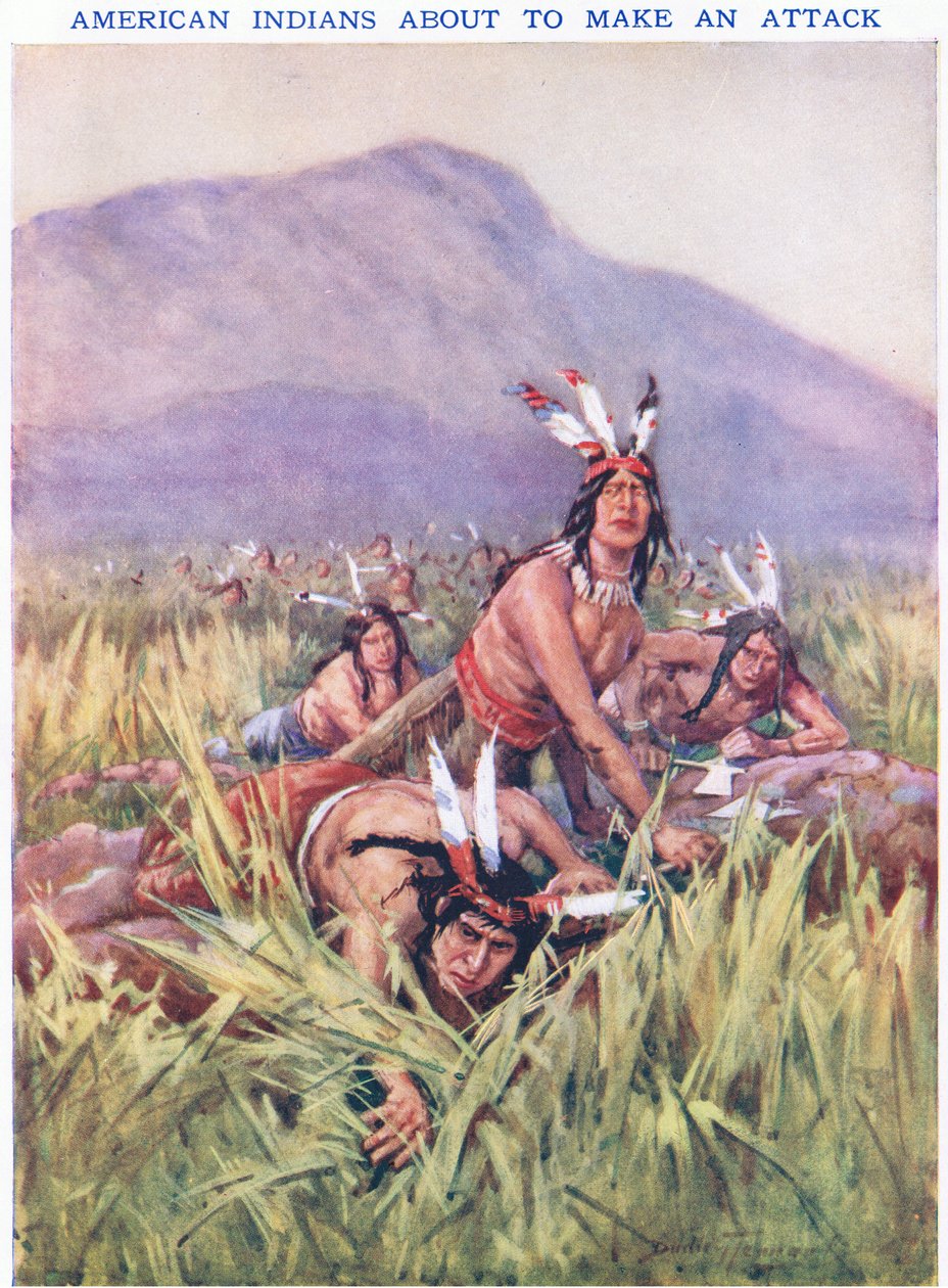 Indios americanos a punto de atacar (litografía en color) de C. Dudley Tennant