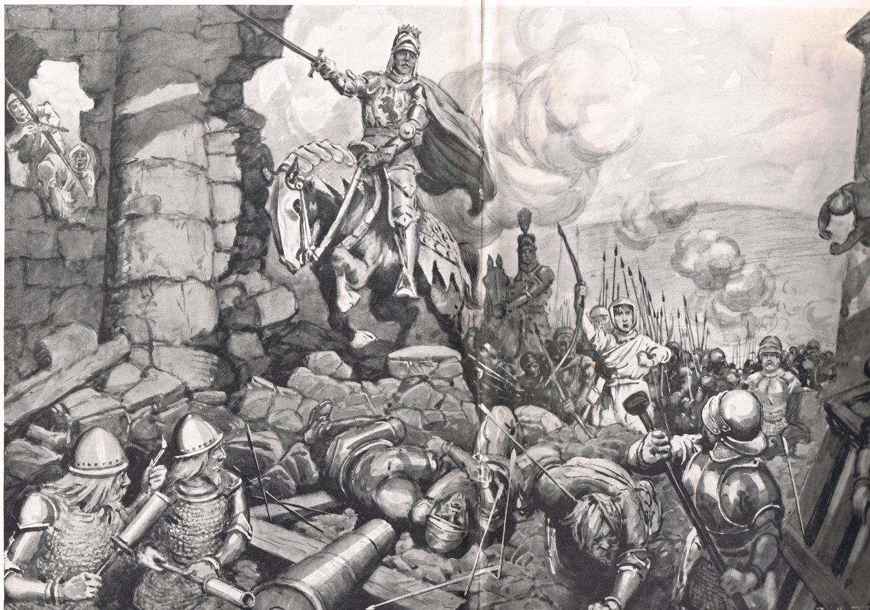 Enrique V en el sitio de Harfleur, ilustración de "British Battles on Land and Sea", publicado por Cassell, Londres, hacia 1910 (litografía). de C. Dudley Tennant