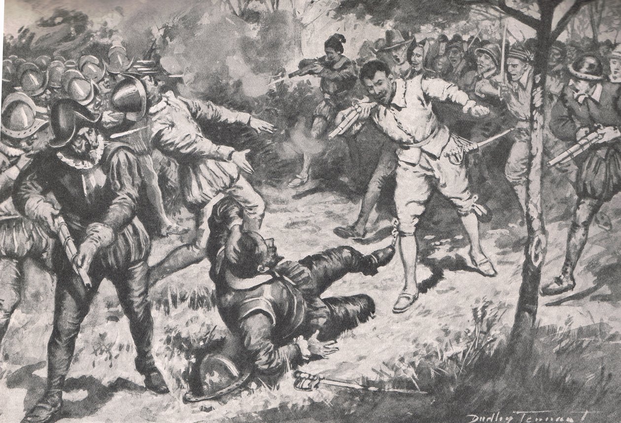 El Almirante, seguido de su grupo, corrió de cabeza hacia la Guardia de la Vera Cruz, ilustración de 