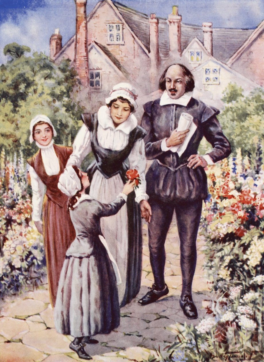 William Shakespeare, con su esposa y sus dos hijas, en el jardín de New Place, Stratford-upon-Avon (litografía en color) de C. Dudley Tennant