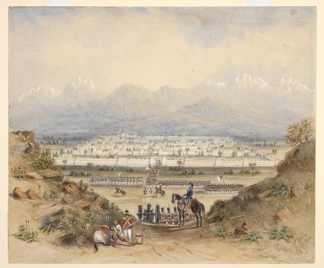 Un general que revisa la caballería y la infantería, que está a punto de entrar en una ciudad amurallada en un país montañoso, quizás Kandahar (N.W.F.P.). 1843, después de un boceto anterior. de C. Graham