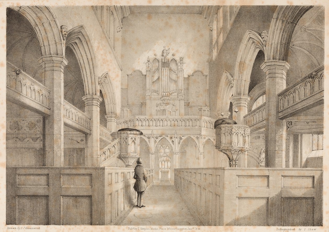 El interior de San Pedro, Wolverhampton, grabado por I. Shaw, 1848 de C. J. Greenwood