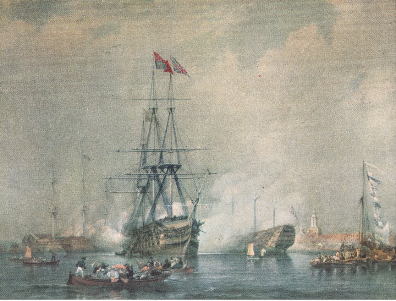 HMS Victory disparando un saludo real en el puerto de Portsmouth, de British Adventure publicado por Collins, 1947 de C. J. M. Whichello