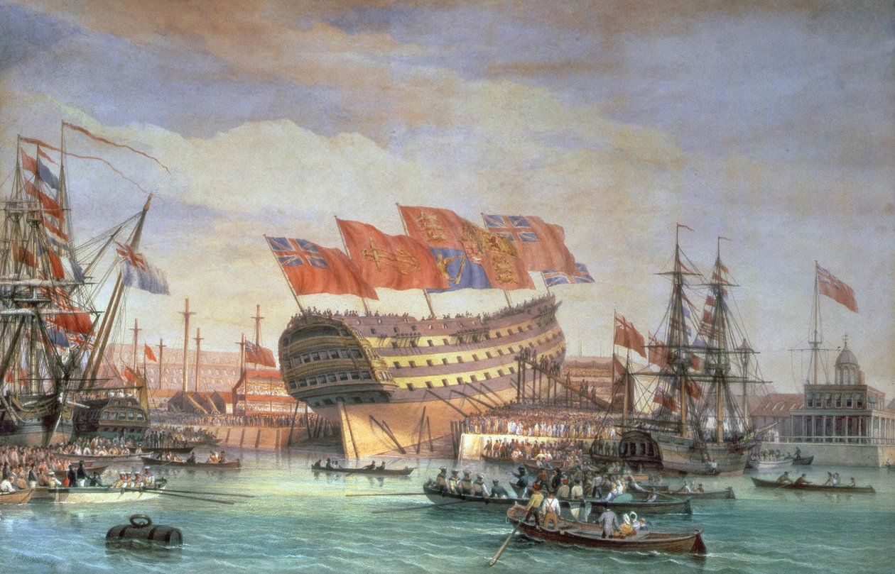 El lanzamiento del HMS "Trafalgar" en Chatham, julio de 1820 de C. John Mayle Whichelo