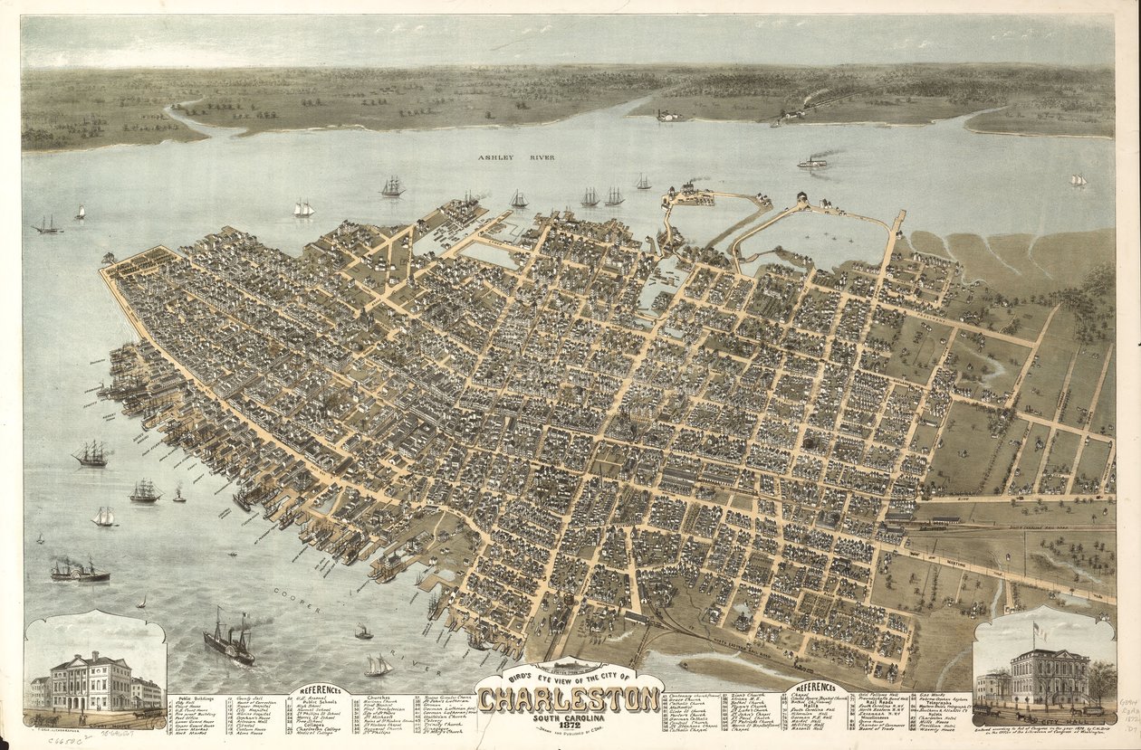 Vista de pájaro de la ciudad de Charleston, Carolina del Sur 1872. LOC 75696567 de C. N. Drie