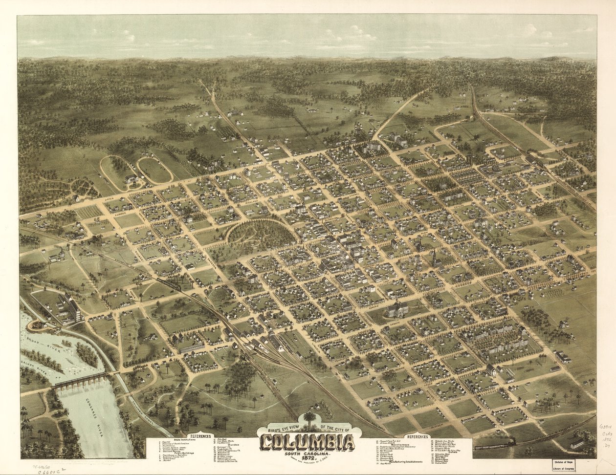 Vista de pájaro de la ciudad de Columbia, Carolina del Sur 1872. de C. N. Drie
