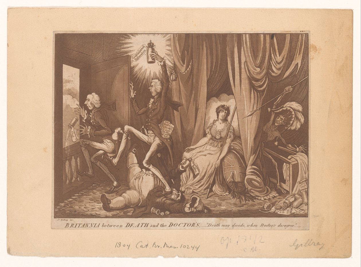 Pitt como el nuevo médico de Britannia Britannia entre la muerte y la del doctor (título sobre objeto) de C. Starcke (possibly)
