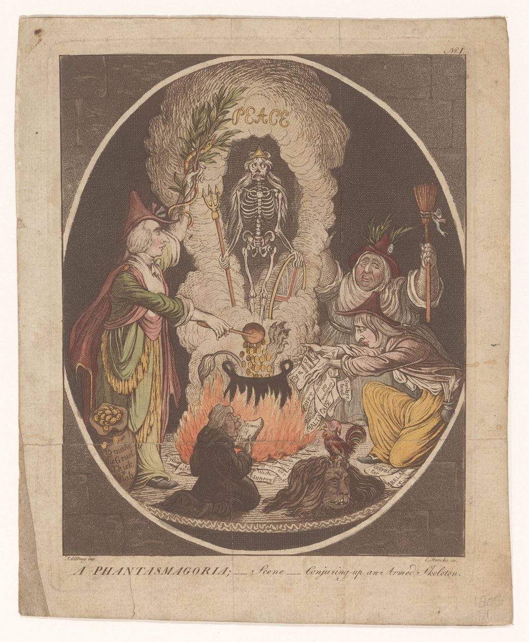 Caricatura sobre la Paz de Amiens, 1802 Una fantasmagoría; - Escena - Conjurando un esqueleto armado (título sobre el objeto) de C. Starcke