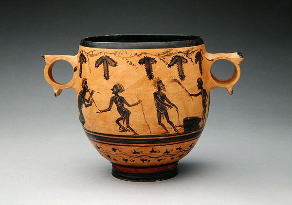 Skyphos con escenas de parodia, c.430-410 a.C. de Cabirian