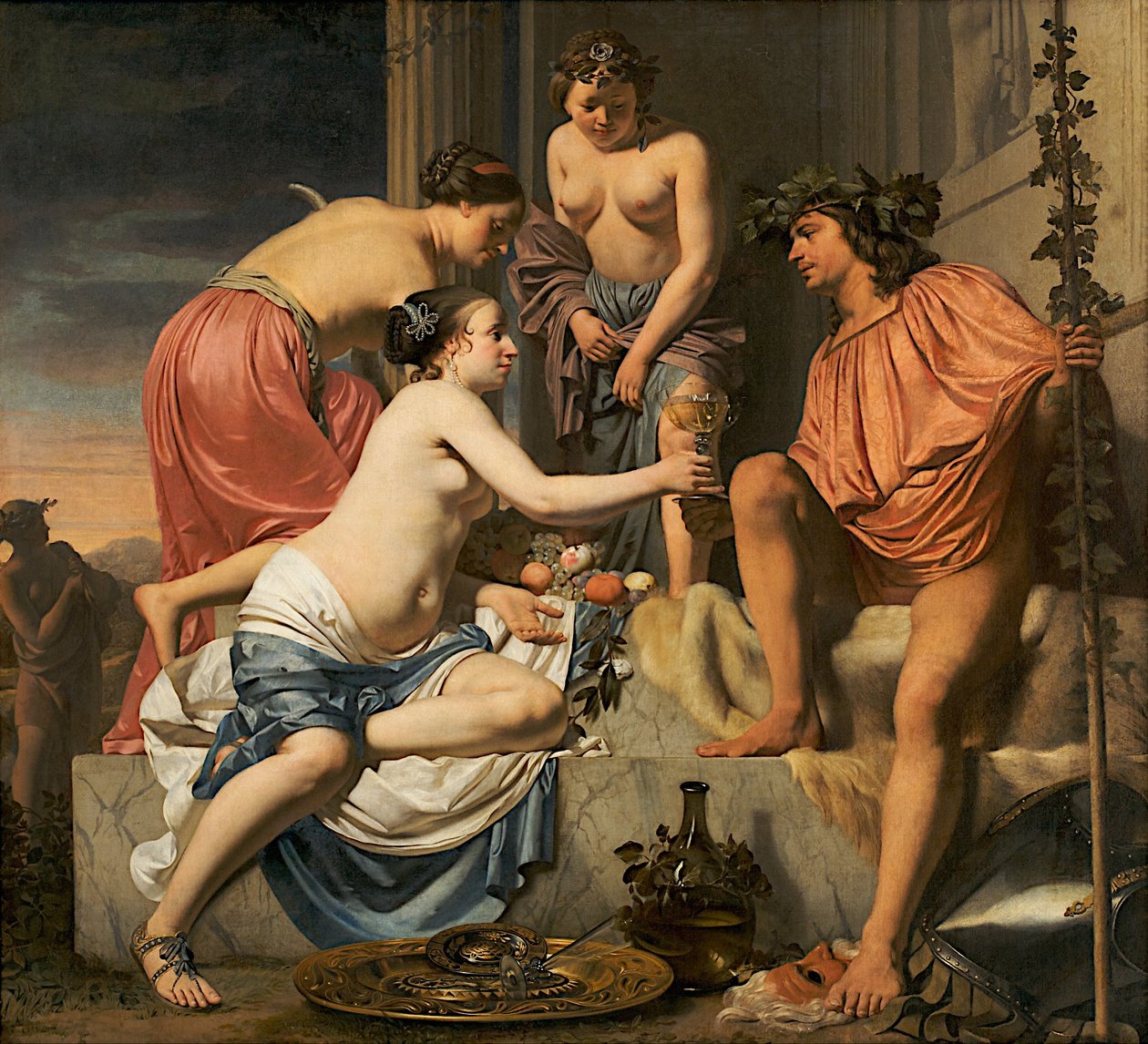 Baco en un Trono, Ninfas Ofreciendo Vino y Fruta a Baco de Cesar Boetius van Everdingen