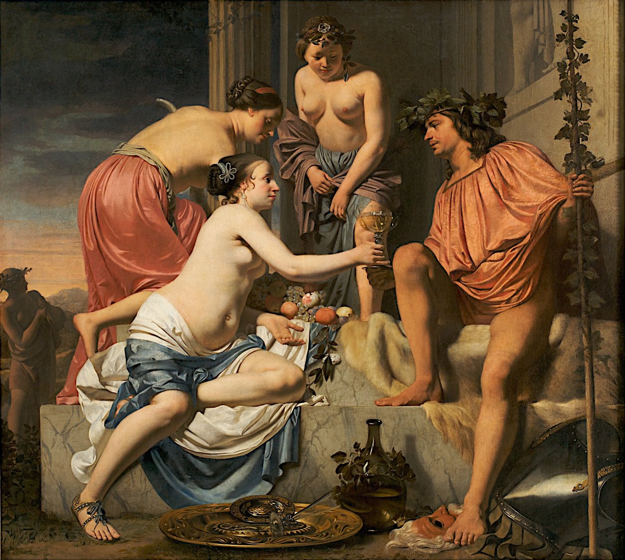 Baco en el trono - Ninfas ofreciendo a Baco vino y fruta de Caesar van Everdingen