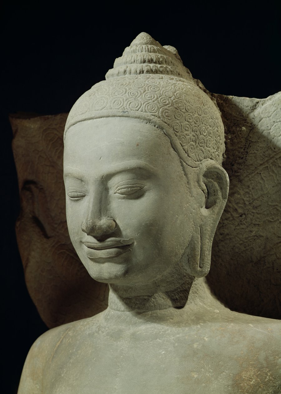 Buda en meditación sobre el rey Naga, Mucilinda (detalle de la cabeza de Buda) de Cambodian School