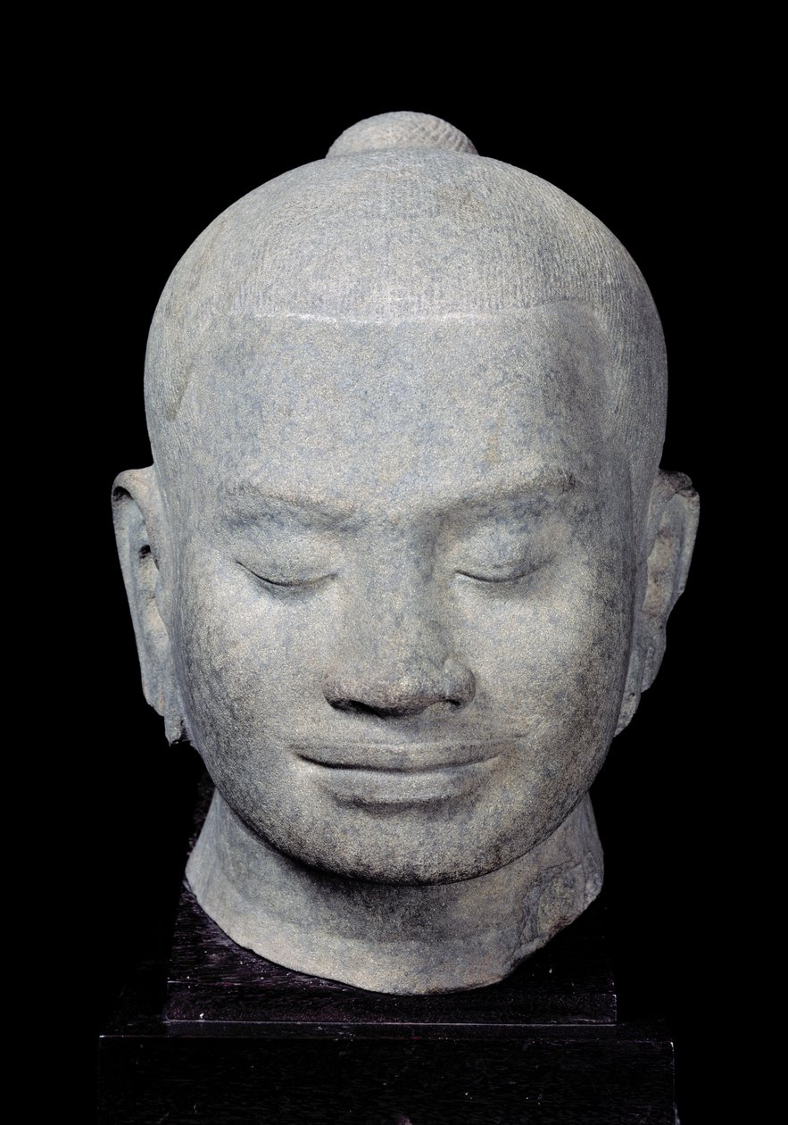 Cabeza del rey Jayavarman VII (1181-1218) estilo Bayon, de Preah Khan, siglo XII-XIII (arenisca) de Cambodian School
