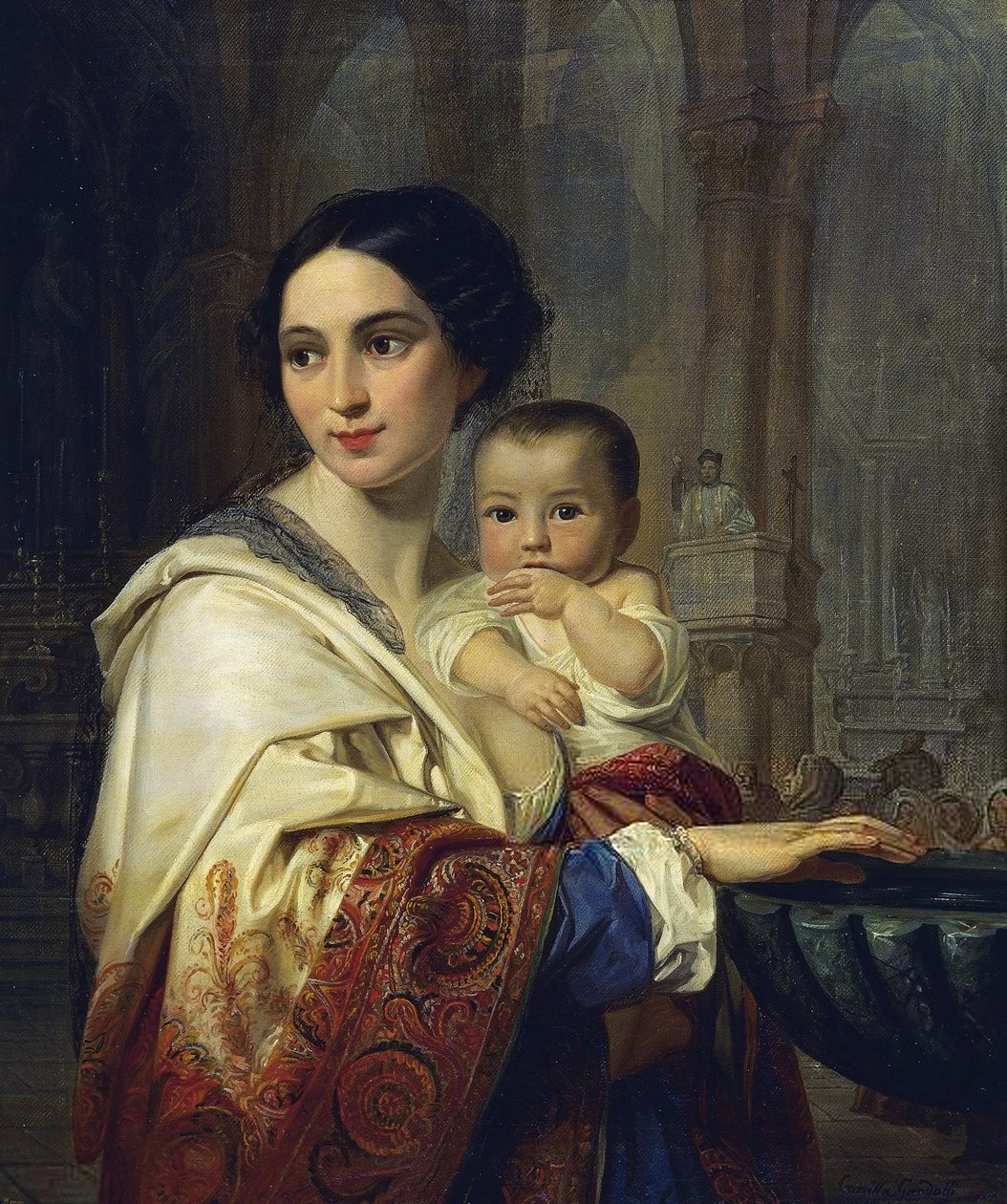 Madre con niño en brazos sacando agua bendita de Camilla Guiscardi