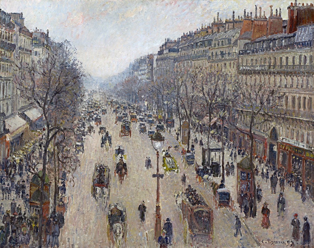 Boulevard Montmartre, mañana, tiempo nublado de Camille Jacob Pissarro