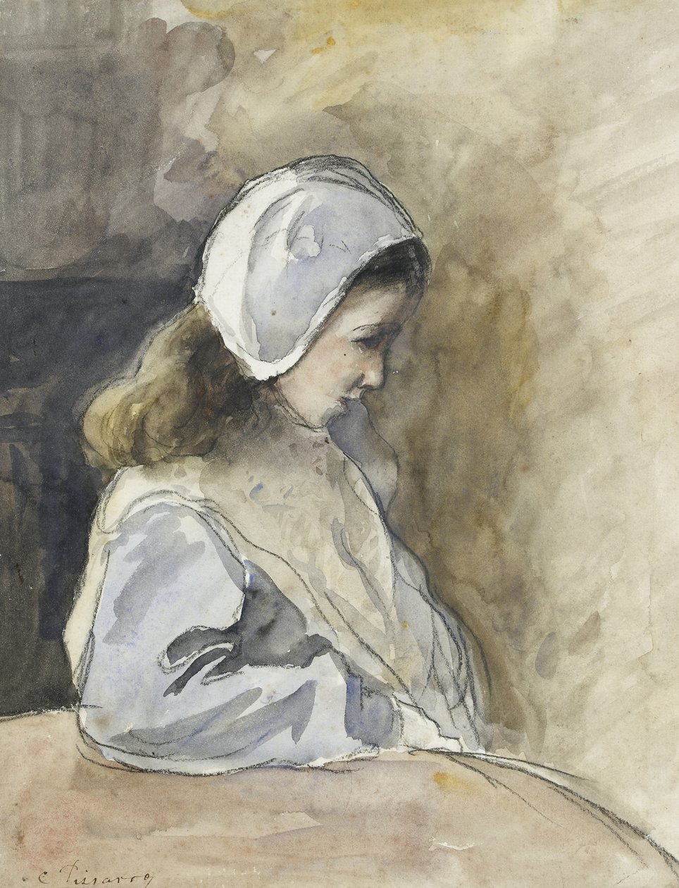 Jeanne-Rachel Pissarro sentada en una mesa, c. 1872 de Camille Jacob Pissarro
